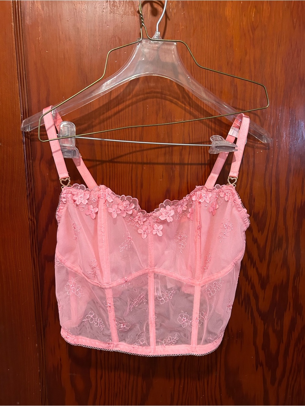 Victoria’s Secret coral pink floral corset top sheer